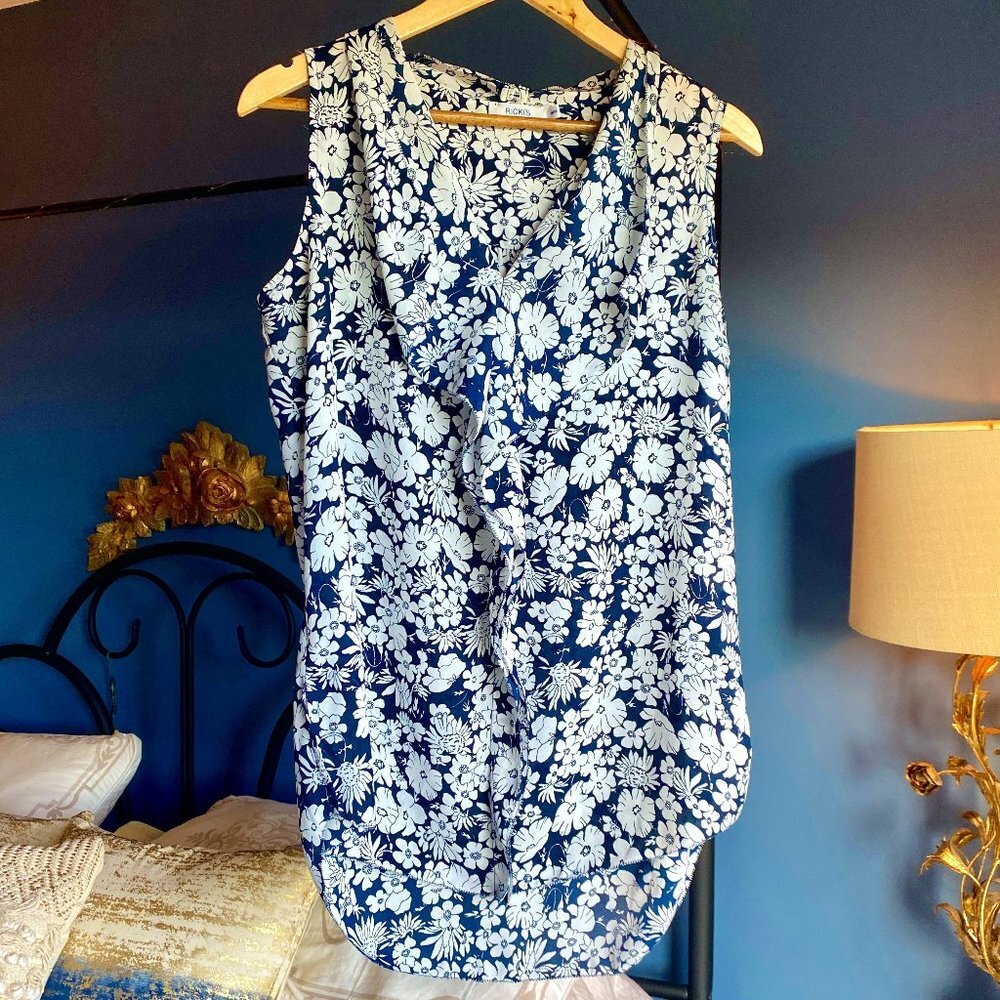 Semi Sheer Navy and  White Floral Ruffle Top